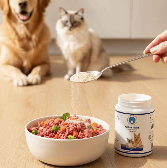 Dog and cat looking at a bowl of food with a spoonful of powder being added, next to a container labeled 'Active Paws'.