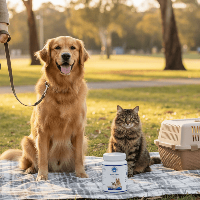 Dog and cat sitting on a blanket with a pet carrier and container in a park