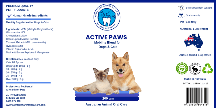 Label of Active Paws Mobility Blend for dogs and cats with images of a dog and cat on a blue background.