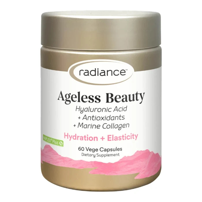 Radiance Ageless Beauty supplement jar with gold lid and white label on a white background