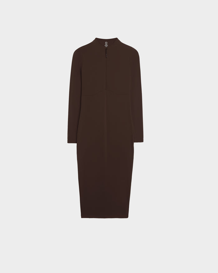The Rudsak AGNES - 8524551 Espresso is a womens dark brown, long-sleeved, knee-length bodycon dress with a high neckline and zip-up front, shown on a plain white background.