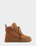 The Rudsak ALEXEY - L225025 Tan is a women’s suede winter boot with a flat rubber sole for traction, tan laces, metal eyelets, and plush wool lining, shown on a plain light background.