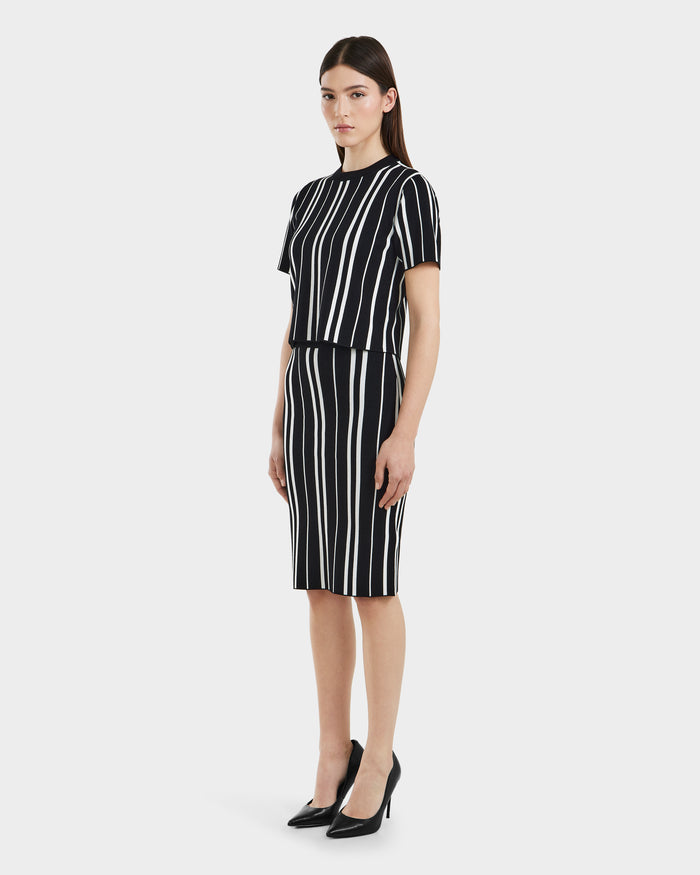 A woman poses in the Rudsak ANGELA - 8525006 Black fitted knit skirt with white vertical stripes, paired with a black short-sleeved top and pointed-toe heels, creating a modern, elegant look against a white background.