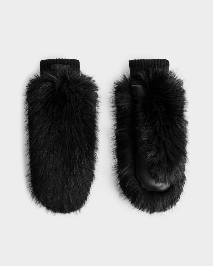The Rudsak BELLA - 8425006 Black mittens feature black faux fur, ribbed knit cuffs, and a soft leather palm—perfect winter accessories—shown on a light gray background.