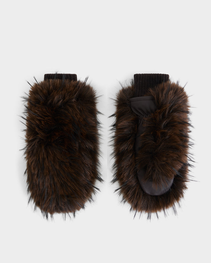 A pair of BELLA - 8425006 Mix Espresso brown faux fur mittens by Rudsak, featuring black ribbed cuffs—the perfect winter gloves and fashion accessory—displayed on a plain white background.