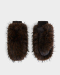 A pair of BELLA - 8425006 Mix Espresso brown faux fur mittens by Rudsak, featuring black ribbed cuffs—the perfect winter gloves and fashion accessory—displayed on a plain white background.