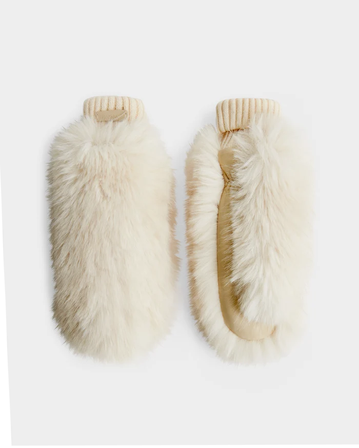 The BELLA - 8425006 Vanilla by Rudsak are fluffy, cream faux fur mittens with ribbed cuffs—ideal as winter gloves or après-ski accessories—shown side by side on a white background.