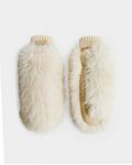 The BELLA - 8425006 Vanilla by Rudsak are fluffy, cream faux fur mittens with ribbed cuffs—ideal as winter gloves or après-ski accessories—shown side by side on a white background.