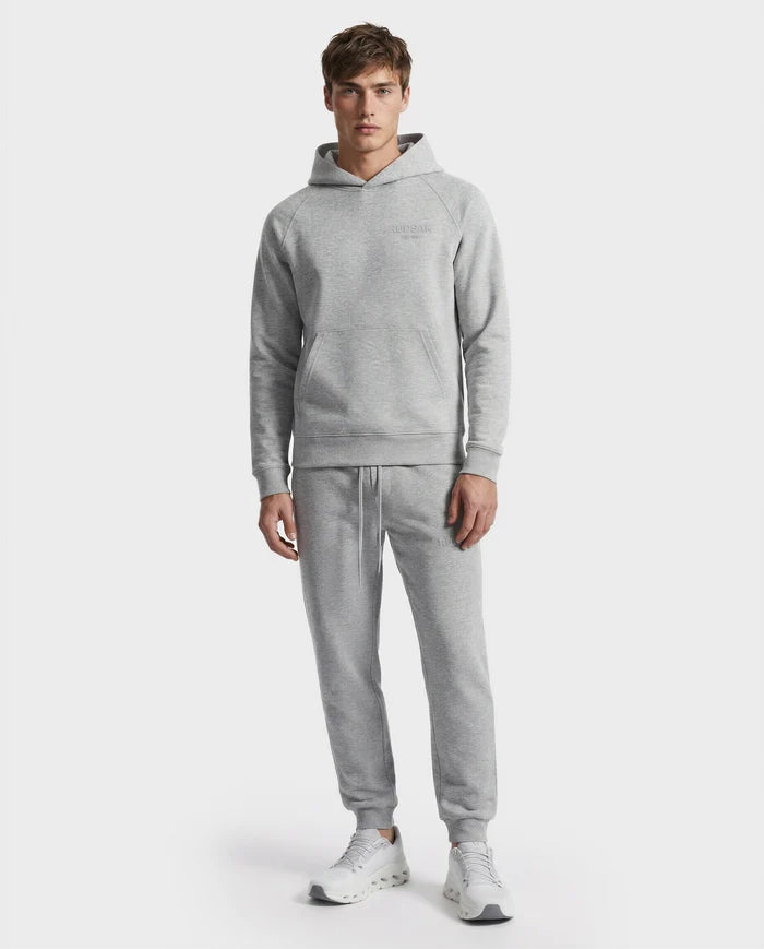 A young man faces forward in the Rudsak BRIAR - 9525001 Heather Grey M unisex hoodie and jogger pants, crafted from a premium cotton blend, paired with white sneakers against a plain white background.