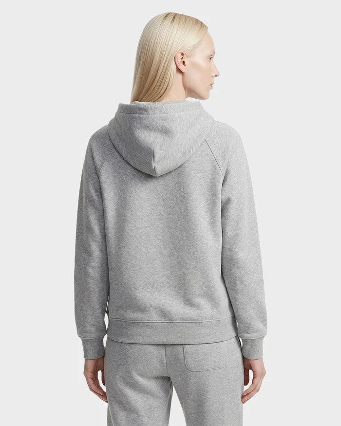 A person with straight, light blonde hair is shown from the back, wearing the Rudsak BRIAR - 9525001 Heather Grey W unisex hoodie and matching sweatpants. The background is plain white.