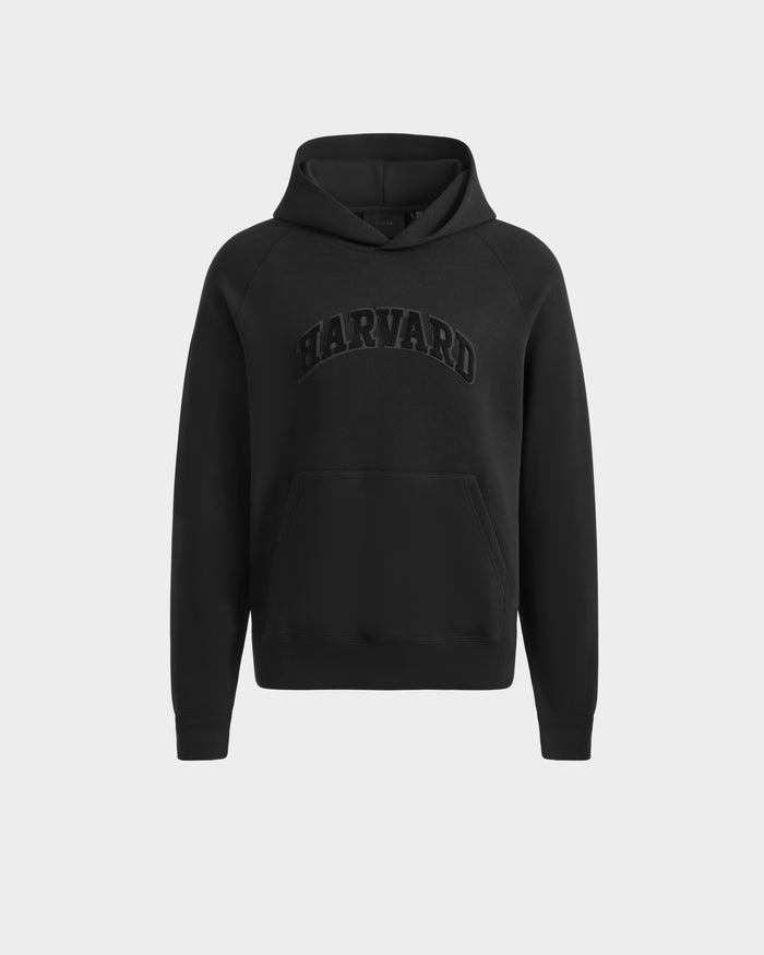 The Rudsak BRIAR B HV - H525509 Black hoodie features bold black "HARVARD" lettering, a front kangaroo pocket, and long sleeves, showcased against a plain white background.
