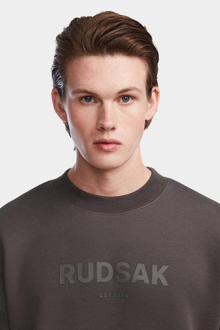 A young man with fair skin and brown hair wears the BRYN - 9524007 Grey M cotton crewneck sweatshirt by Rudsak, featuring the brand name and EST. 1994 embossed on the front, standing against a plain light background.