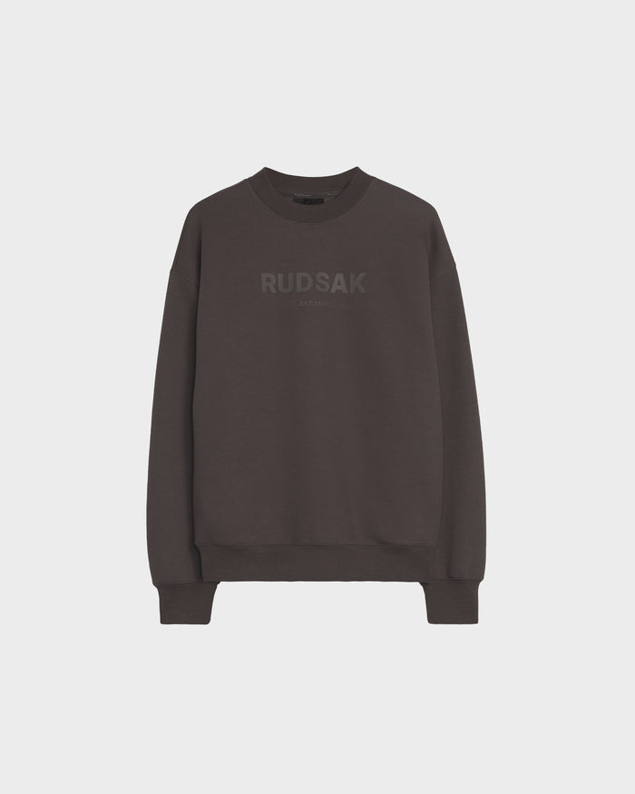 The BRYN - 9524007 Grey W by Rudsak is a cotton crewneck sweatshirt with long sleeves and ribbed trim, subtly showcasing the logo across the chest. Designed for a genderless fit, it’s shown against a plain white background.