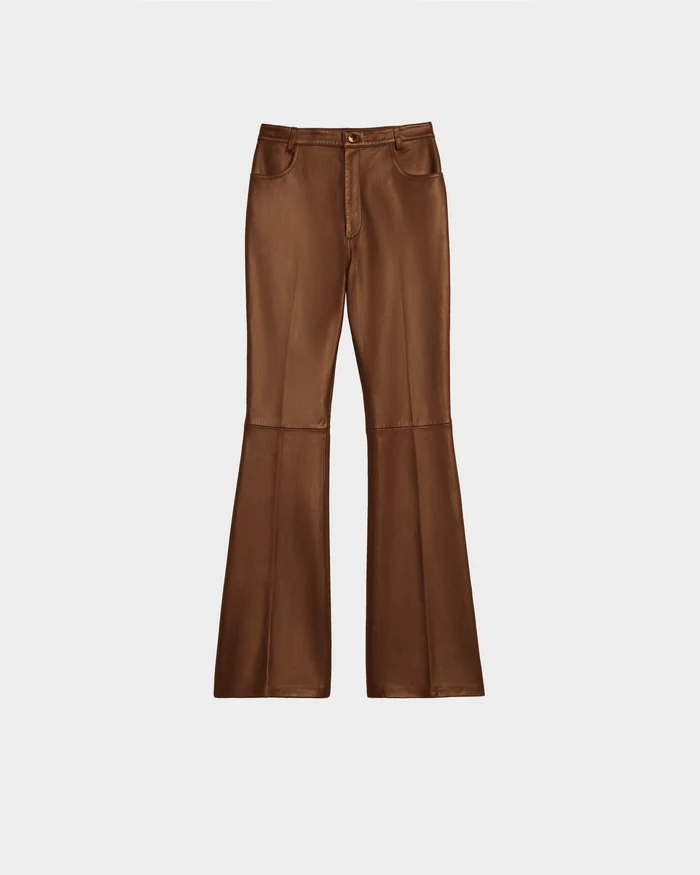 The CARISSA - 8524545 Antique Bronze by Rudsak are womens high-waisted brown faux leather flare pants with front pockets, belt loops, and a zip fly—ideal for a high-fashion look, shown against a plain white background.