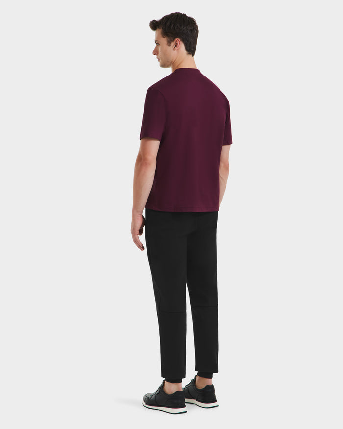 A man faces away in a Rudsak CASEY - 6525037 Bordeaux mens T-shirt, paired with black pants and shoes, set against a plain white background.
