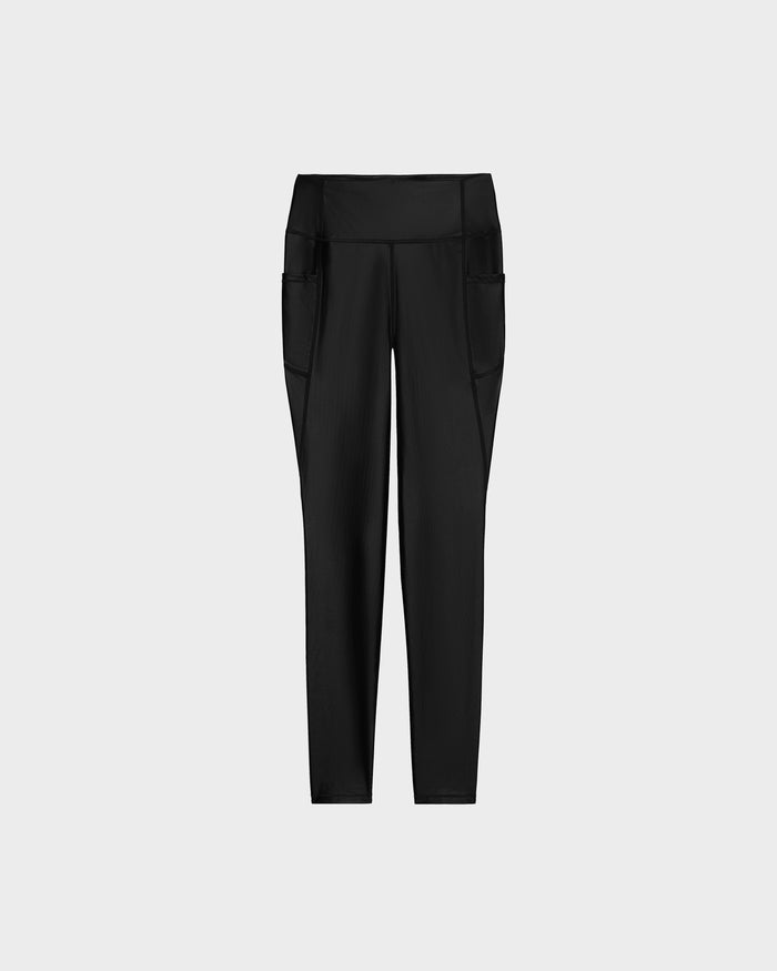 Rudsak CLARE - 8524519 Black high-waisted women’s leggings with side pockets, made from shiny stretch fabric for a sleek, sculpted silhouette. Shown full-length against a light gray background.