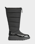 A single Rudsak CLAUDE - L223506 Black womens tall quilted winter boot with a black quilted upper, glossy patent lower section, thick ridged sole, and top drawstring closure. Shown from the side against a plain background.