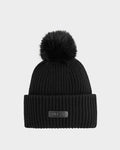 The DARA - 8425019 Black by Rudsak is a women's winter beanie with black ribbed knit, a folded brim, and a large faux fur pom pom. A rectangular patch with the Rudsak brand name adds a stylish touch to this cozy hat.