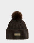The DARA - 8425019 Dark Olive beanie by Rudsak features ribbed knit fabric, a large faux fur pom pom, and a folded brim with a gold Rudsak label, all shown against a plain white background.