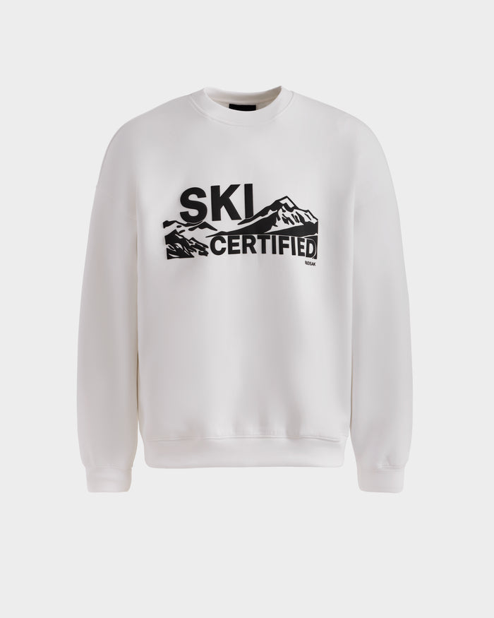 The DECLAN - 6525648 Iceland men’s crewneck sweatshirt by Rudsak features bold black “SKI CERTIFIED” lettering with mountain peak graphics integrated into the text for a standout look.