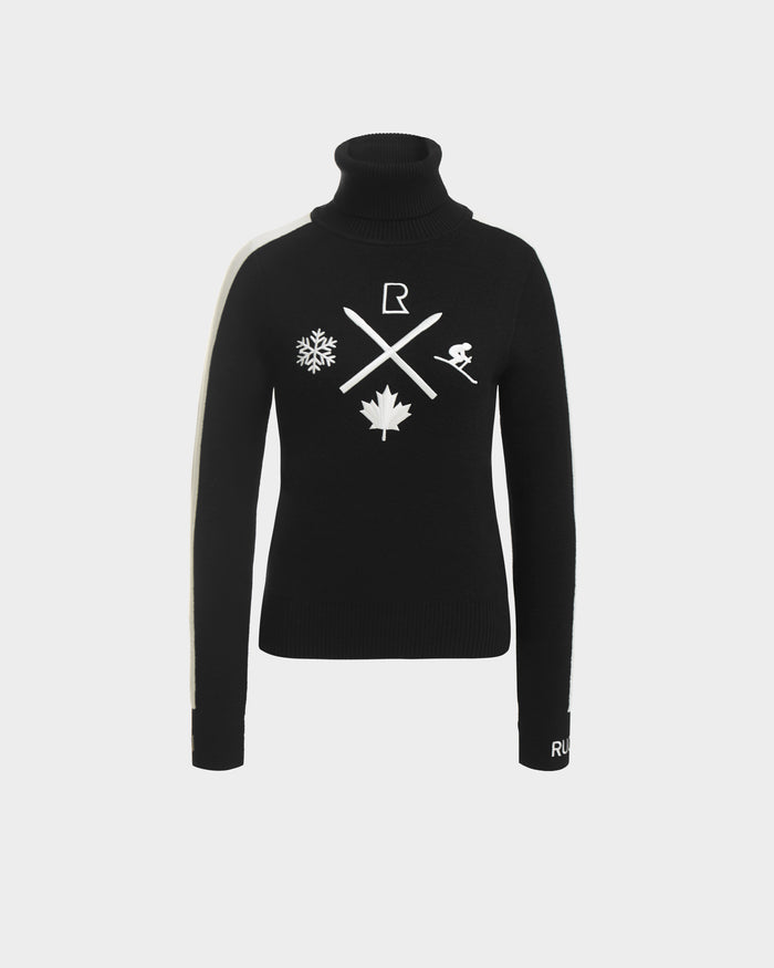 The ELIZABETH - 8524623 Black turtleneck by Rudsak is a womens ski sweater with white snowflake, maple leaf, skier, and an R above crossed lines on the chest plus a white stripe down one sleeve—ideal for après-ski style.