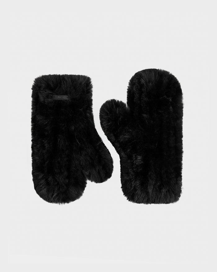 A pair of black, fluffy ELOISE - 8425559 women’s mittens by Rudsak made from faux fur, thick and soft, shown on a white background with one displaying the palm and the other the back.
