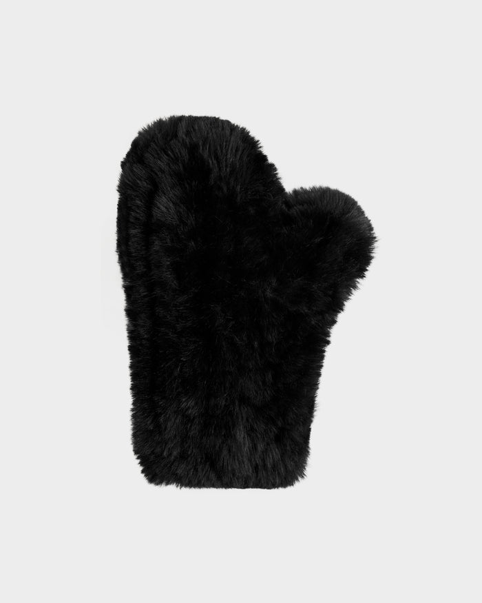 The ELOISE - 8425559 Black oven mitt by Rudsak features a soft, black faux fur design with a classic mitten shape and thumb section, shown against a light gray background—an ultra-cozy winter essential for your kitchen.