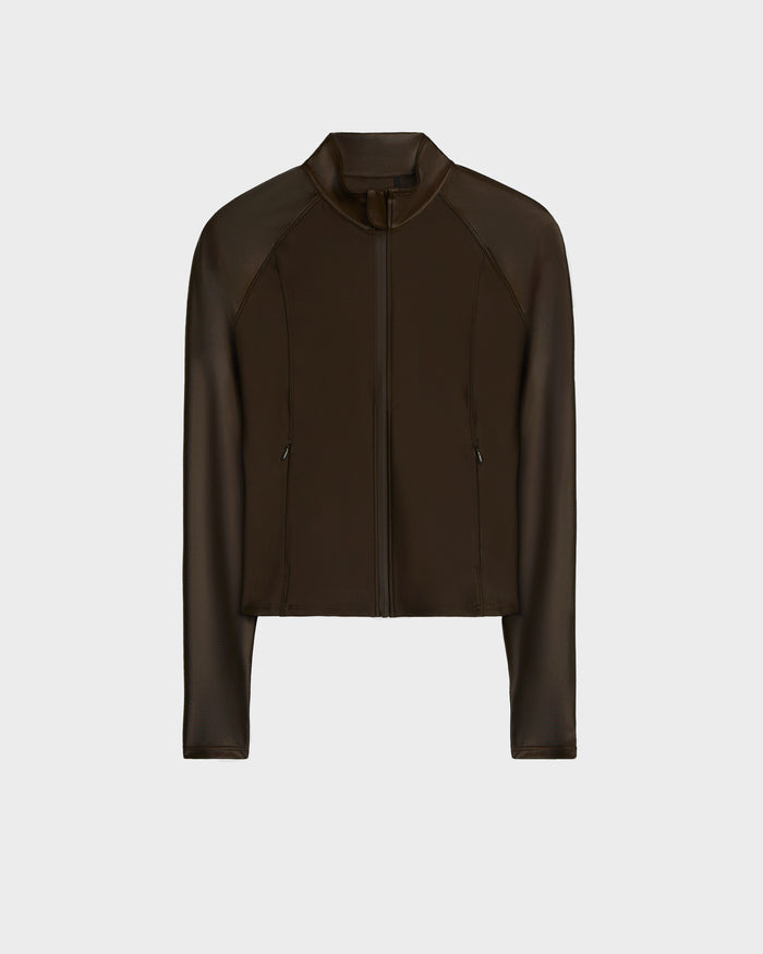 The Rudsak EVA - 8524514 Espresso is a dark brown, long-sleeve women’s cropped zip-up top with a waterproof zipper and simple collar, shown against a white background.