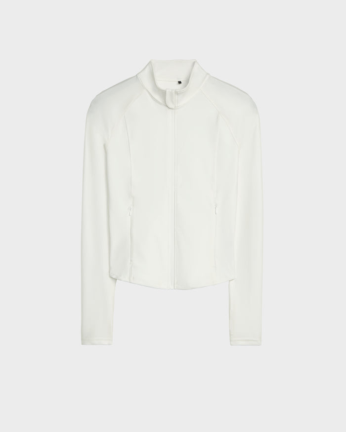 The Rudsak EVA - 8524514 Iceland is a women’s white, long-sleeve fitted zip-up top with a stand collar and subtle seam details, featuring a waterproof zipper, shown on a plain white background with no visible logos or patterns.