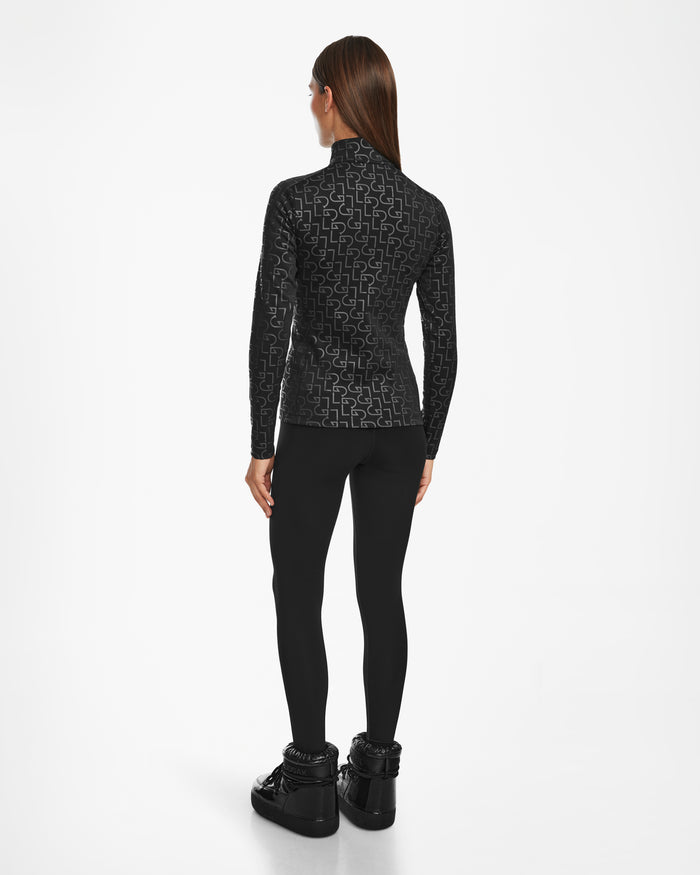 A woman faces away, wearing the Rudsak GASIA - 8524567 Black stretch active top with a mock neck zip-up—ideal cold-weather activewear against a plain white background.