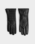 The Rudsak GEMMA - 8425008 Black gloves are shown flat on a light surface—one displays the back with stitched detail and snap closure, the other reveals the palm side with gathered wrist—perfect for winter.
