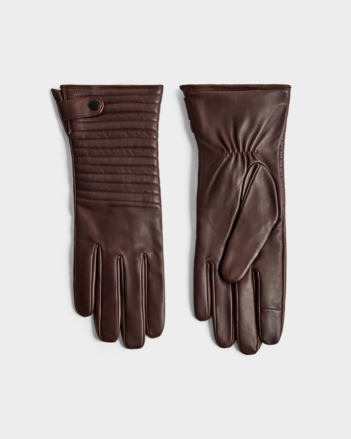 The Rudsak GEMMA - 8425008 Espresso gloves are stylish brown leather winter accessories, featuring stitched detailing and a snap button strap on the front of one glove and a plain palm side on the other.
