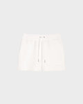The GENEVA - 8524070 ICELAND women's white double jersey shorts by Rudsak feature side pockets, an elastic waistband, and a subtle RUDSAK logo near the hem, shown on a plain light gray background.