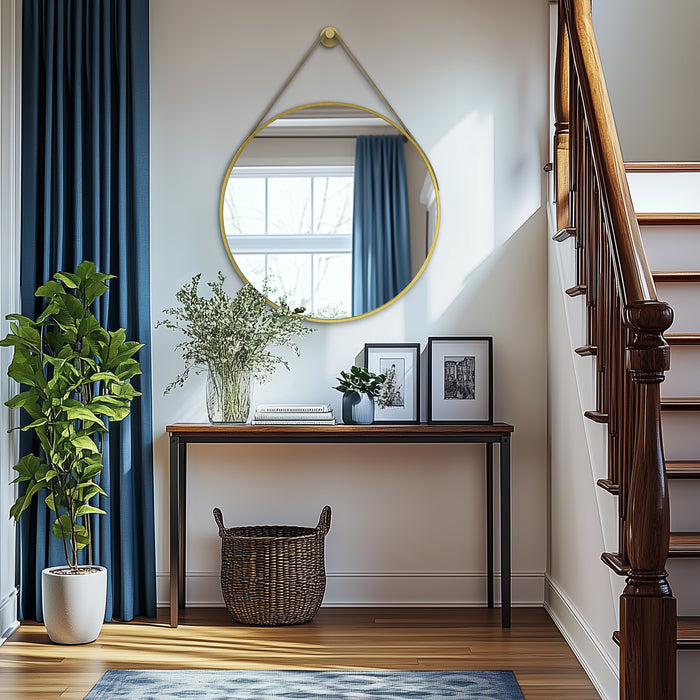 Gold Round Mirror With Hanging Rope For Living Room, Bedroom, Entryway