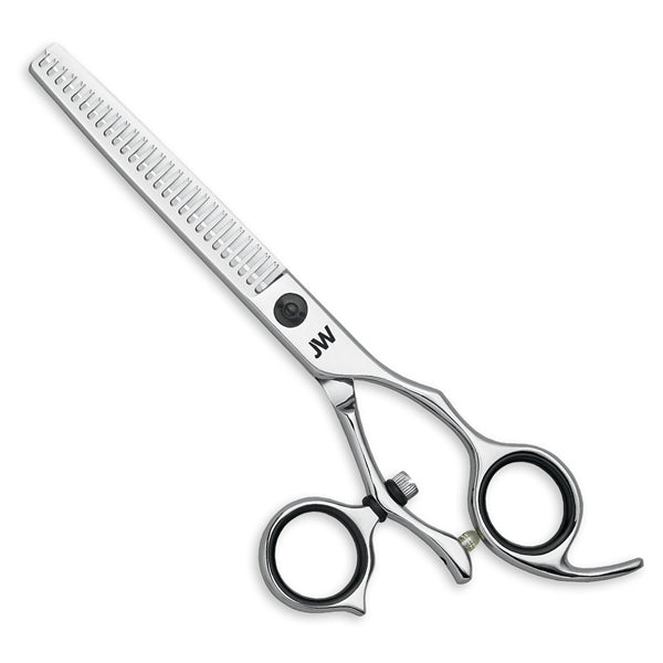 JW Shears JW C2 TS27 Thinning Shears, 27 teeth, black finger rings, tension knob.