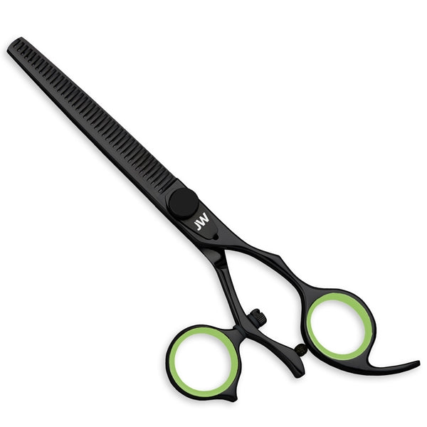 JW Shears JW C3 Blending Series thinning shears with green rings on a white background.