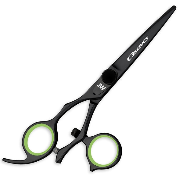 JW Shears C3 Lefty Swivel Series shears, black with green rings and convex blade.