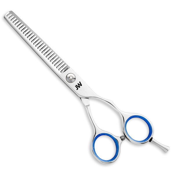 JW Shears S2-27 thinning shear, 27 teeth, blue finger rings, stainless steel.