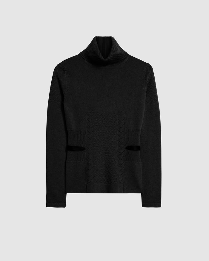The Rudsak LAURA - 8524596 Black is a womens knit turtleneck sweater featuring subtle textured front patterns and chic vegan leather trim, shown against a light gray background.
