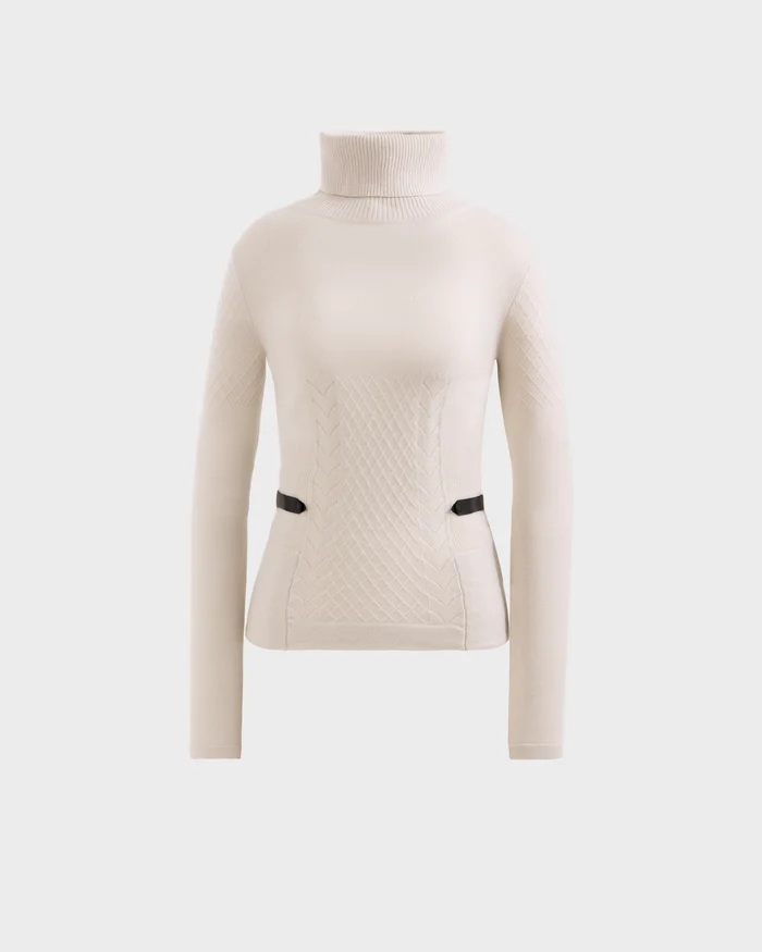 The Rudsak LAURA - 8524596 Vanilla is a beige women's knit turtleneck sweater with a textured pattern and two small black vegan leather waist strap details, shown on a plain white background.