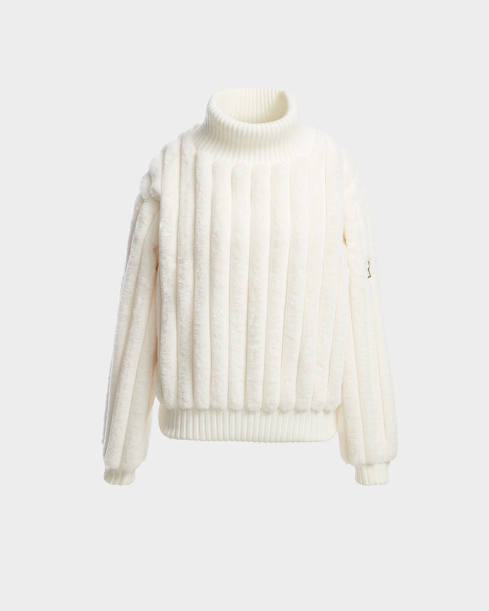 The LAYLA - 8524610 Iceland by Rudsak is a white, long-sleeve ribbed pullover sweater featuring a turtleneck and textured vertical stripes, shown on a plain light background.