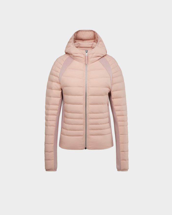 The Rudsak LENA - L124005 Soft Pink womens light down jacket features a hood and subtle quilted details, offering stylish comfort.