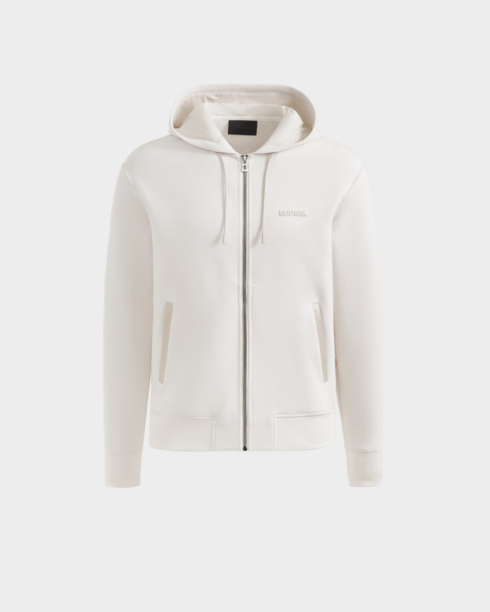 A plain white unisex zip-up hoodie, LEVI - 9525552 Vanilla M by Rudsak, with a hood and front pockets, shown on a light gray background—an elevated wardrobe essential.