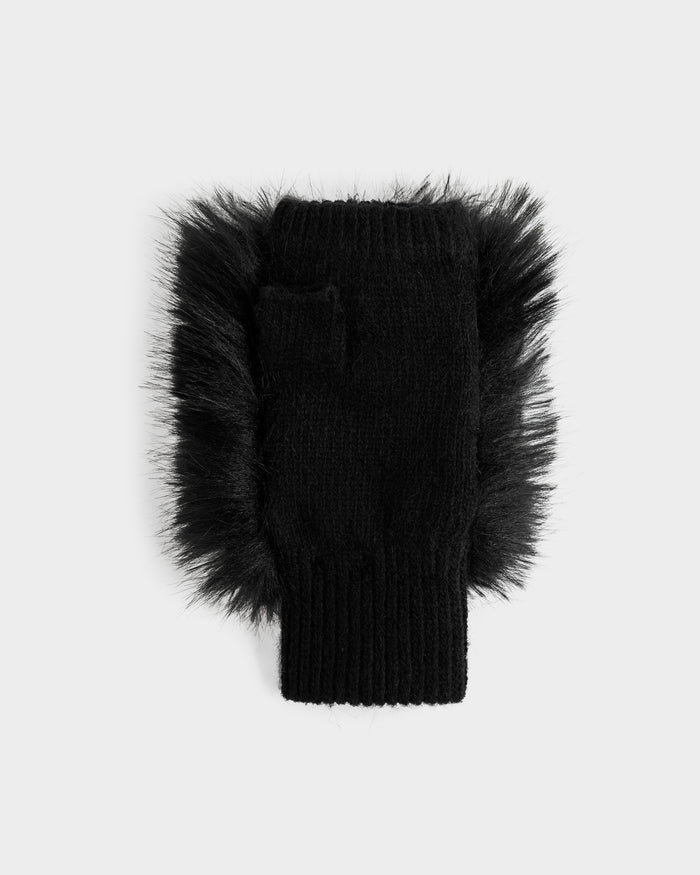 The Rudsak LIA - 8425007 Black is a single black fingerless mitten sleeve in a wool-blend knit, featuring a ribbed cuff and fluffy faux fur trim, shown against a plain light gray background.