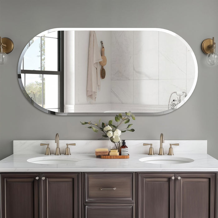 Long Oval Wall Hanging Glass Mirror with Beveled Edge