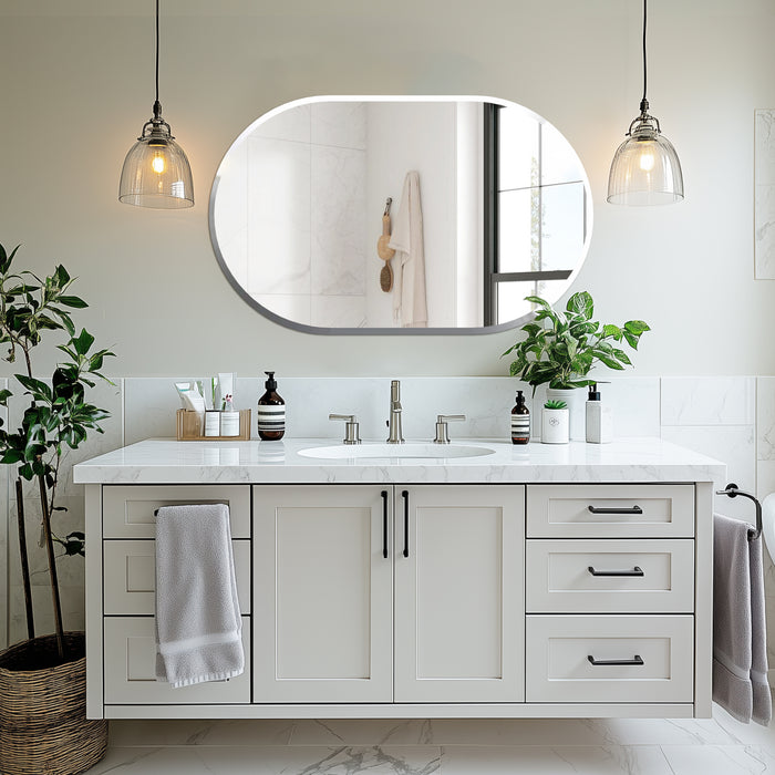 Long Oval Wall Hanging Glass Mirror with Beveled Edge