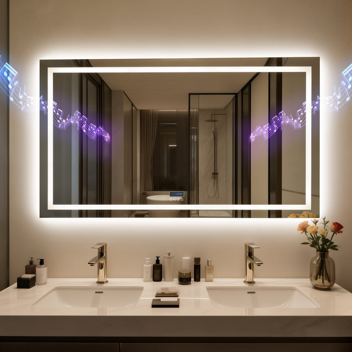 LUVODI LED Bathroom Mirror with Bluetooth Speaker & Screen Display, Tempered Glass Anti Fog Vanity Mirror