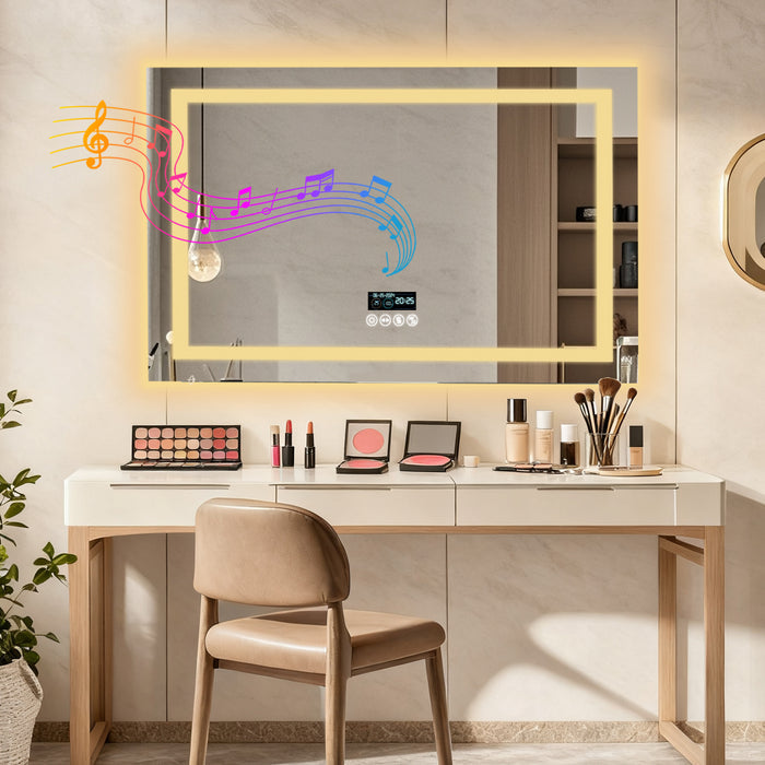 LUVODI LED Bathroom Mirror with Bluetooth Speaker & Screen Display, Tempered Glass Anti Fog Vanity Mirror
