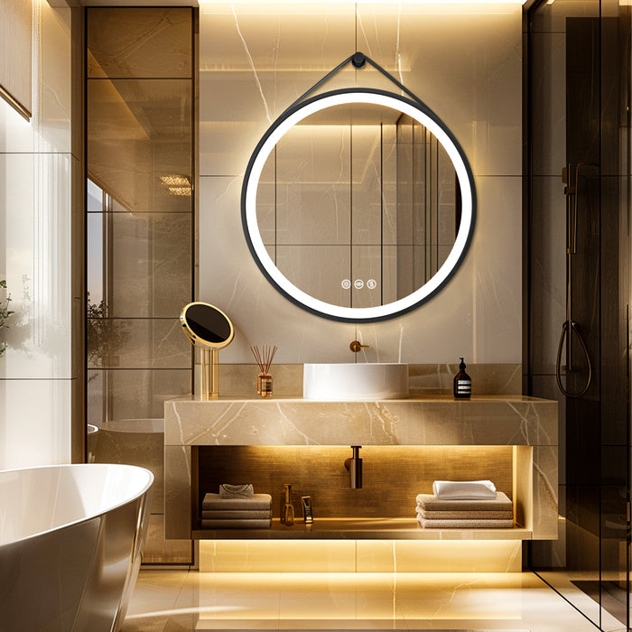 LUVODI Lighted Bathroom Mirror with Strap Round LED Bathroom Mirror