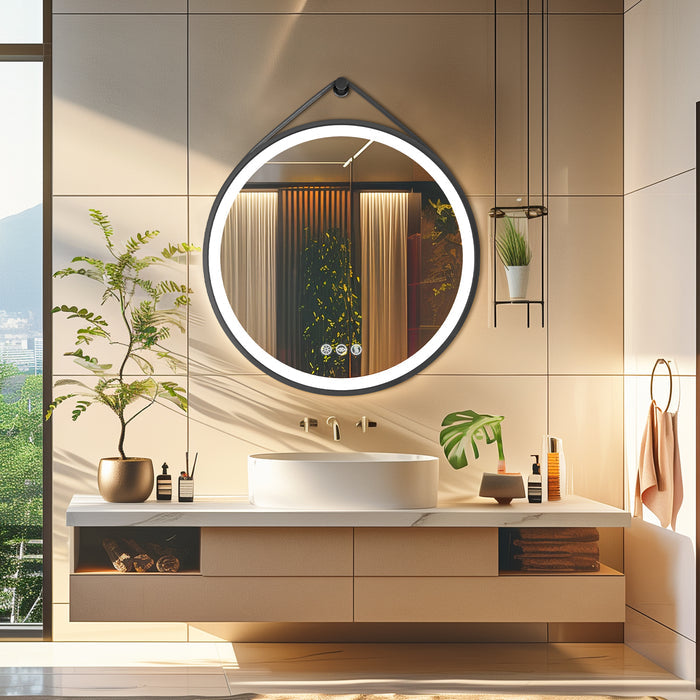 LUVODI Lighted Bathroom Mirror with Strap Round LED Bathroom Mirror